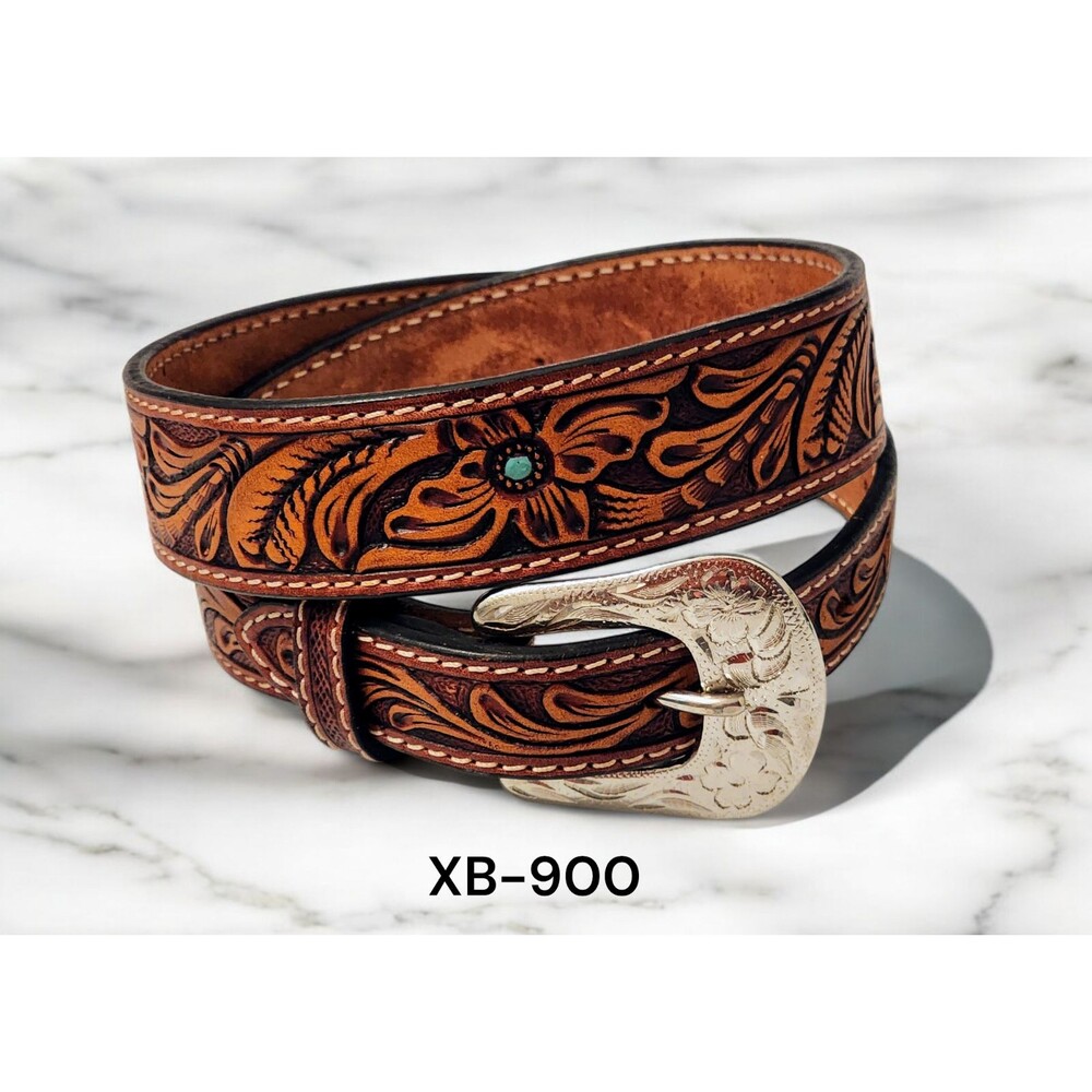 Western Rodeo Cognac Tan Turquois Tooled Leather Belt Floral Billet Size 46